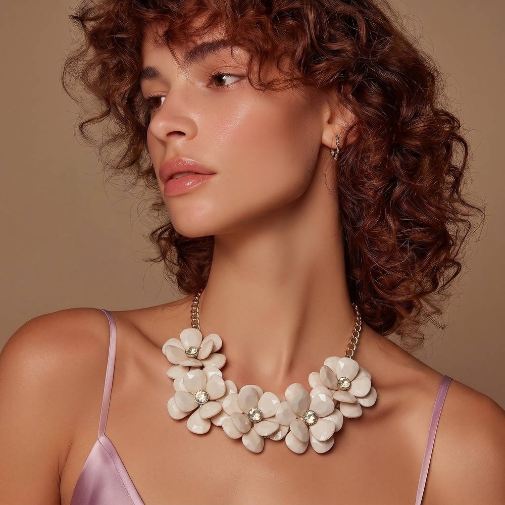 Cream Floral Bib Statement Necklace Gold Tone Crystal Center Adjustable Chain
